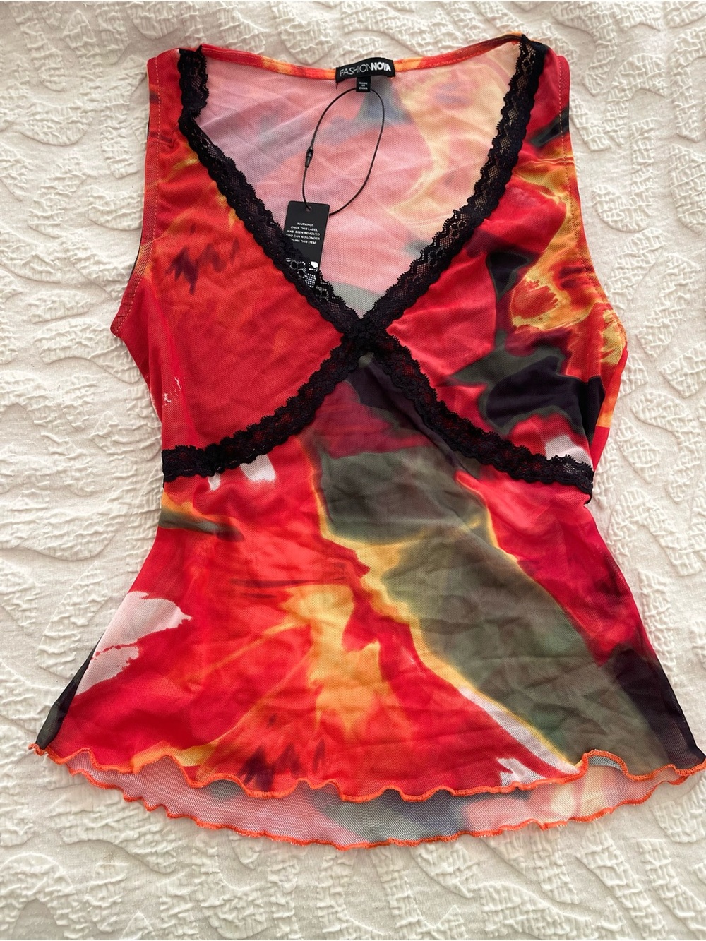 NWT Fashion Nova Red sheer mesh lace trim sleeveless v-neck tank top large
